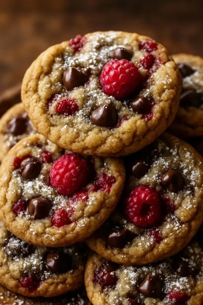 Delicious brown butter raspberry chocolate chip cookies on a plate