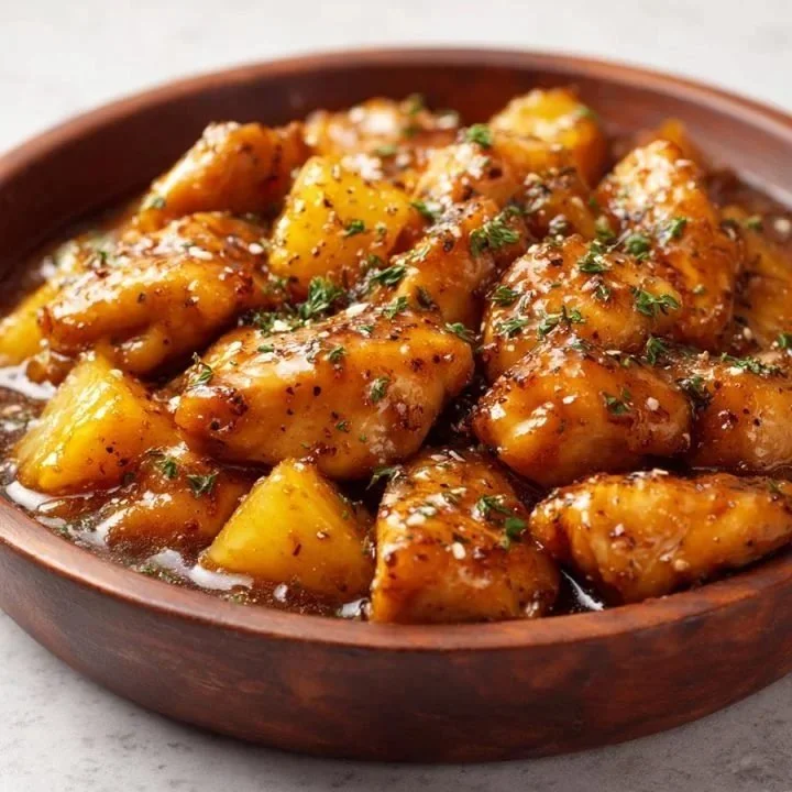 Delicious brown sugar pineapple chicken garnished with fresh herbs.