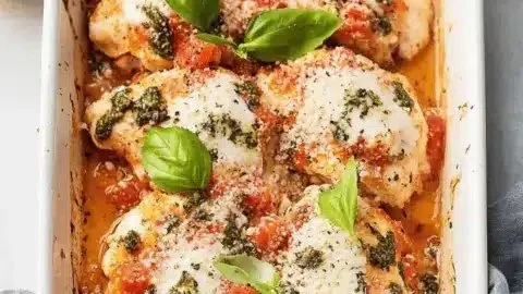 Baked Bruschetta Chicken topped with fresh tomatoes and basil.