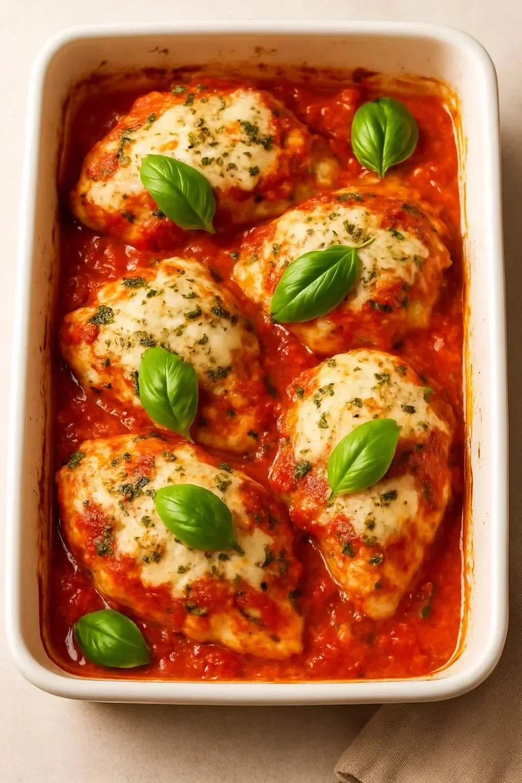 Delicious Bruschetta Chicken Bake topped with fresh tomatoes and basil.