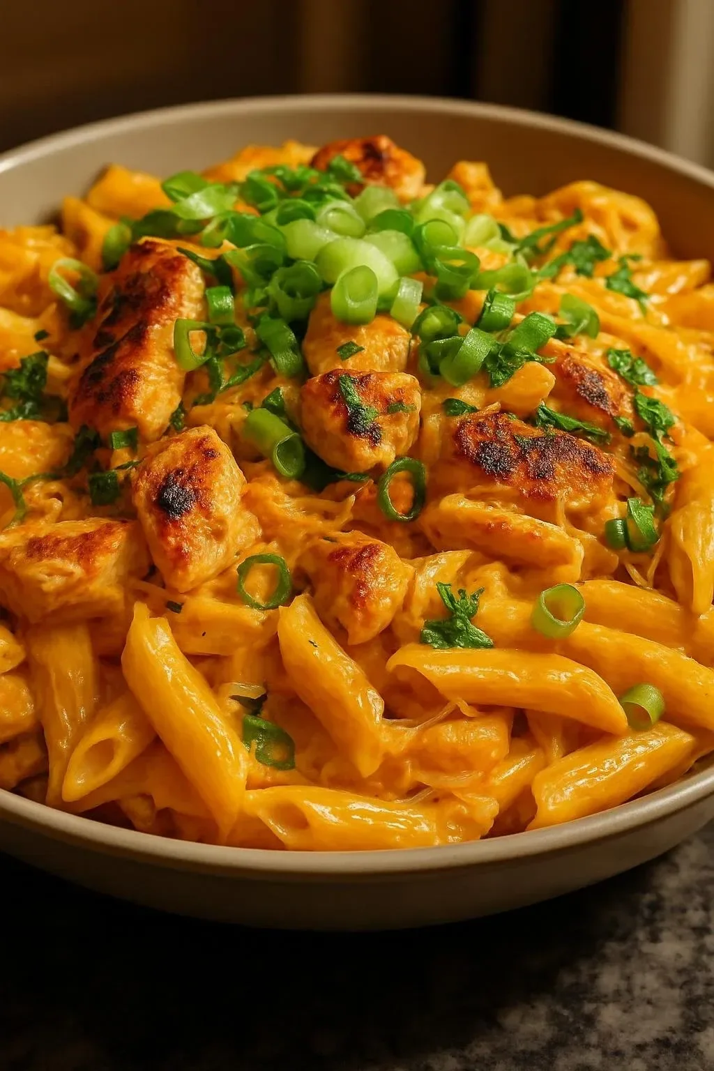 Creamy Buffalo Chicken Pasta topped with green onions and cheese