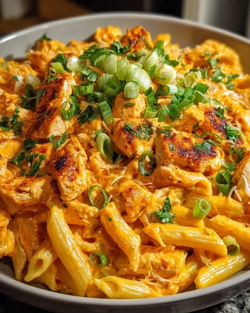 Creamy and spicy Buffalo Chicken Pasta served in a bowl with fresh herbs