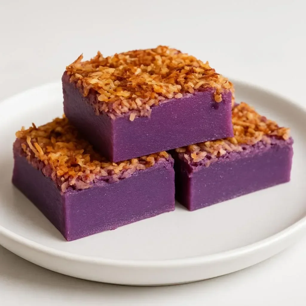 Delicious Butter Mochi with Ube served on a plate