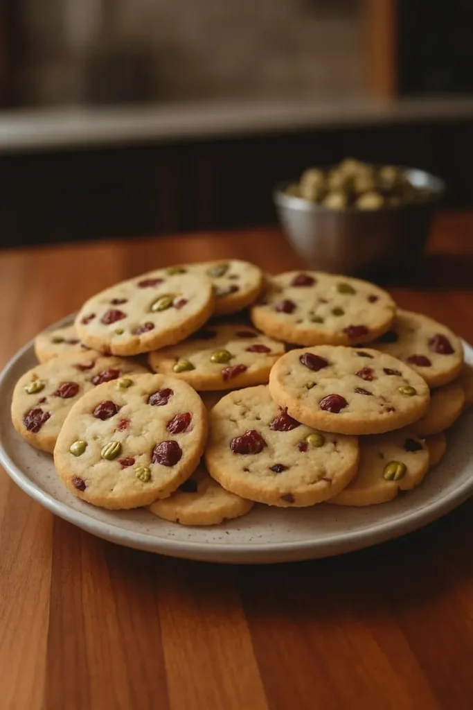Buttery cranberry pistachio shortbread cookies on a decorative plate