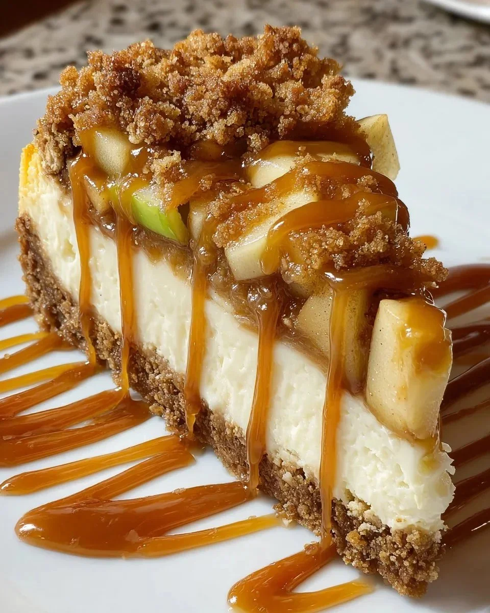 Delicious caramel apple crisp cheesecake with a golden-brown topping