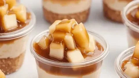 Delicious caramel apple dessert cups topped with whipped cream and caramel drizzle.