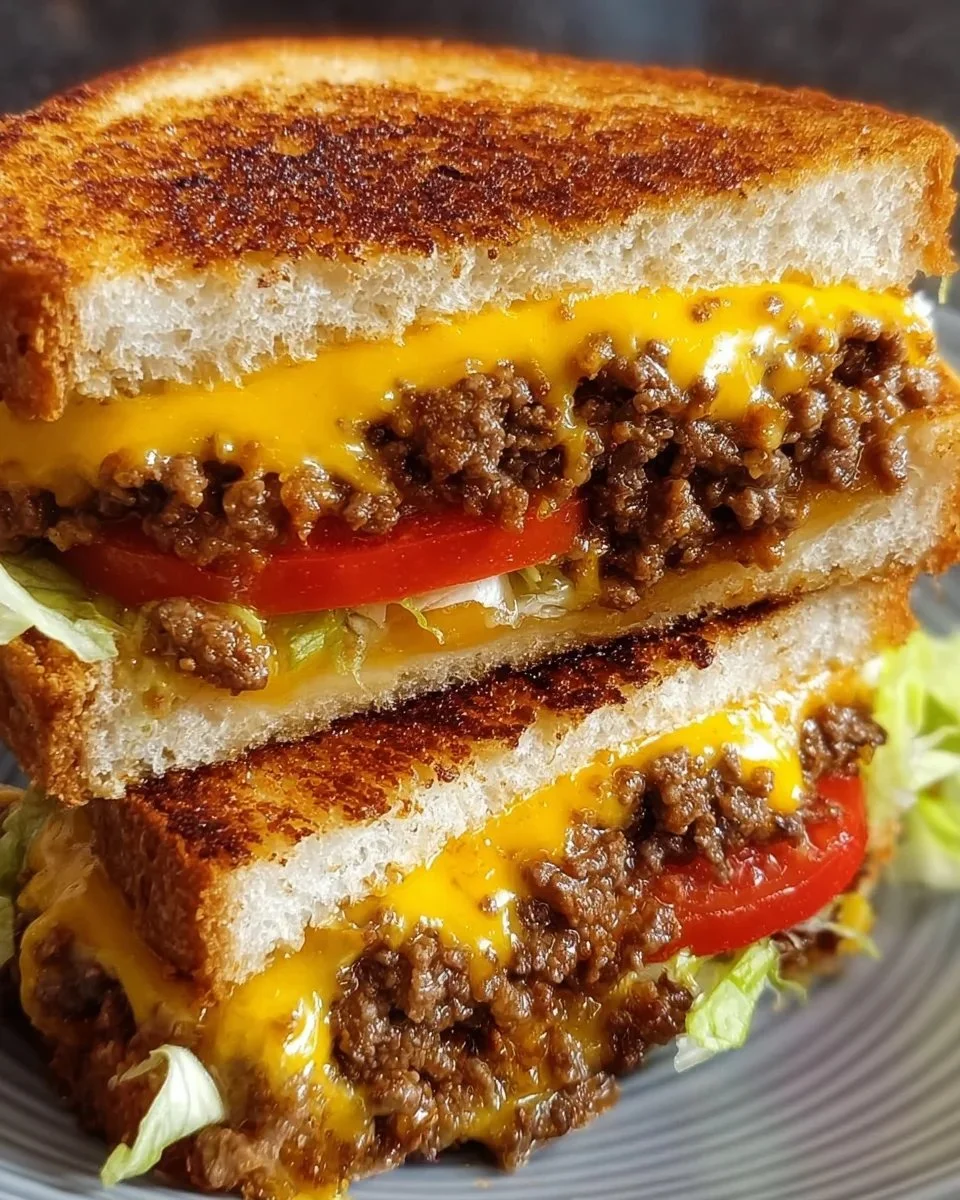 Delicious cheeseburger grilled cheese sandwich with melted cheese and juicy beef patty.