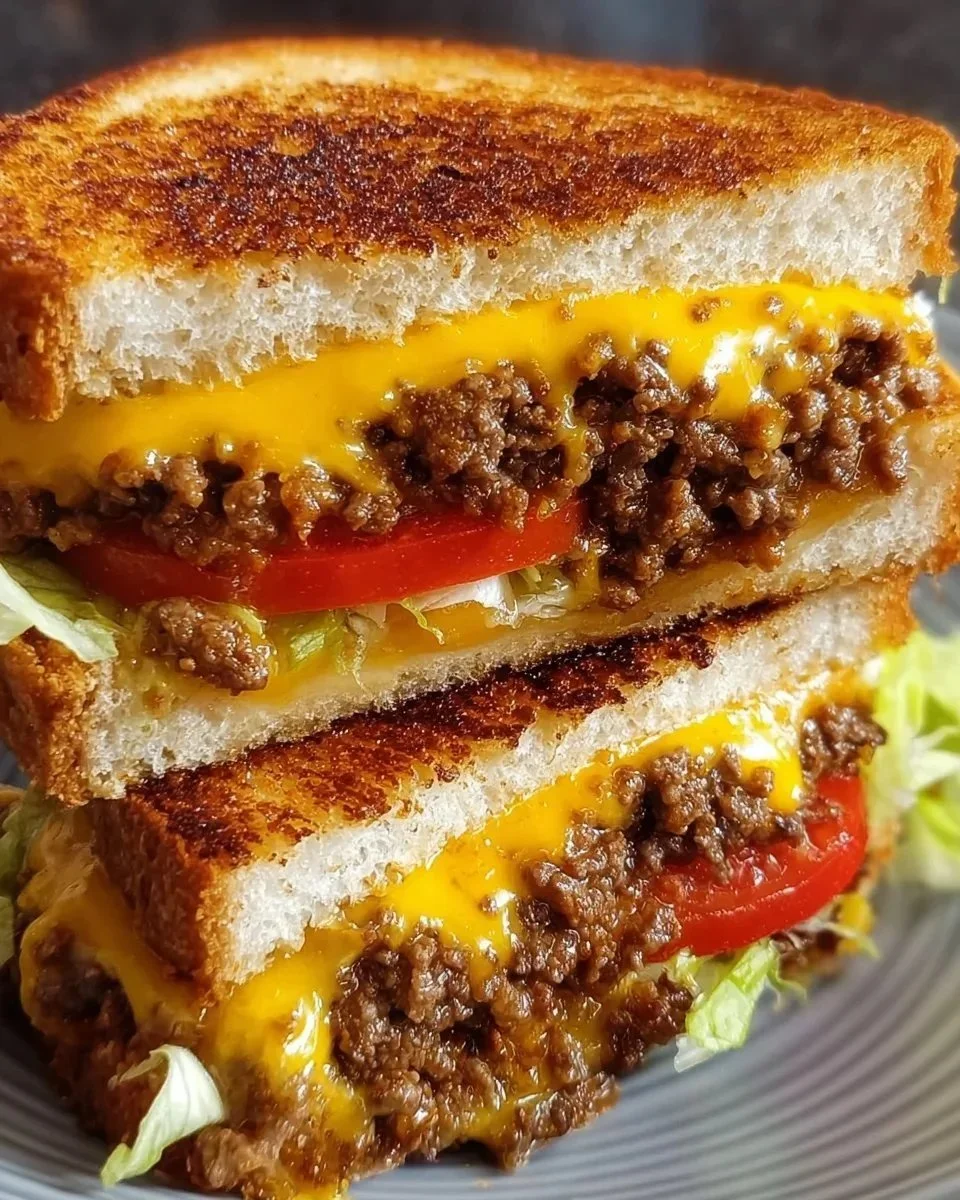 Cheeseburger grilled cheese sandwich with melted cheese and juicy beef patties