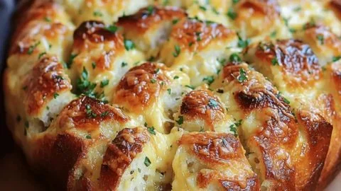 Cheesy garlic pull-apart bread fresh out of the oven, golden and delicious.