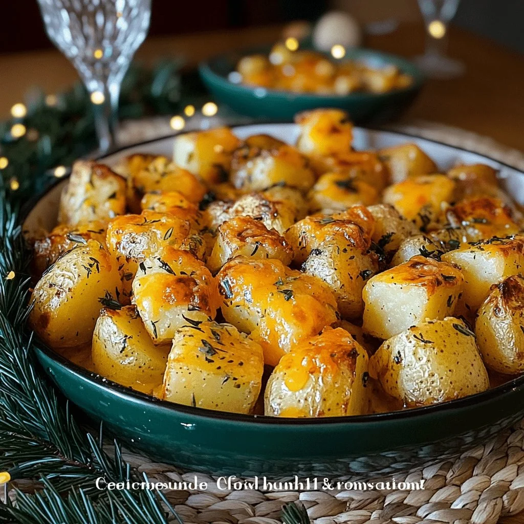 Cheesy Ranch Oven Roasted Potatoes garnished with herbs on a plate