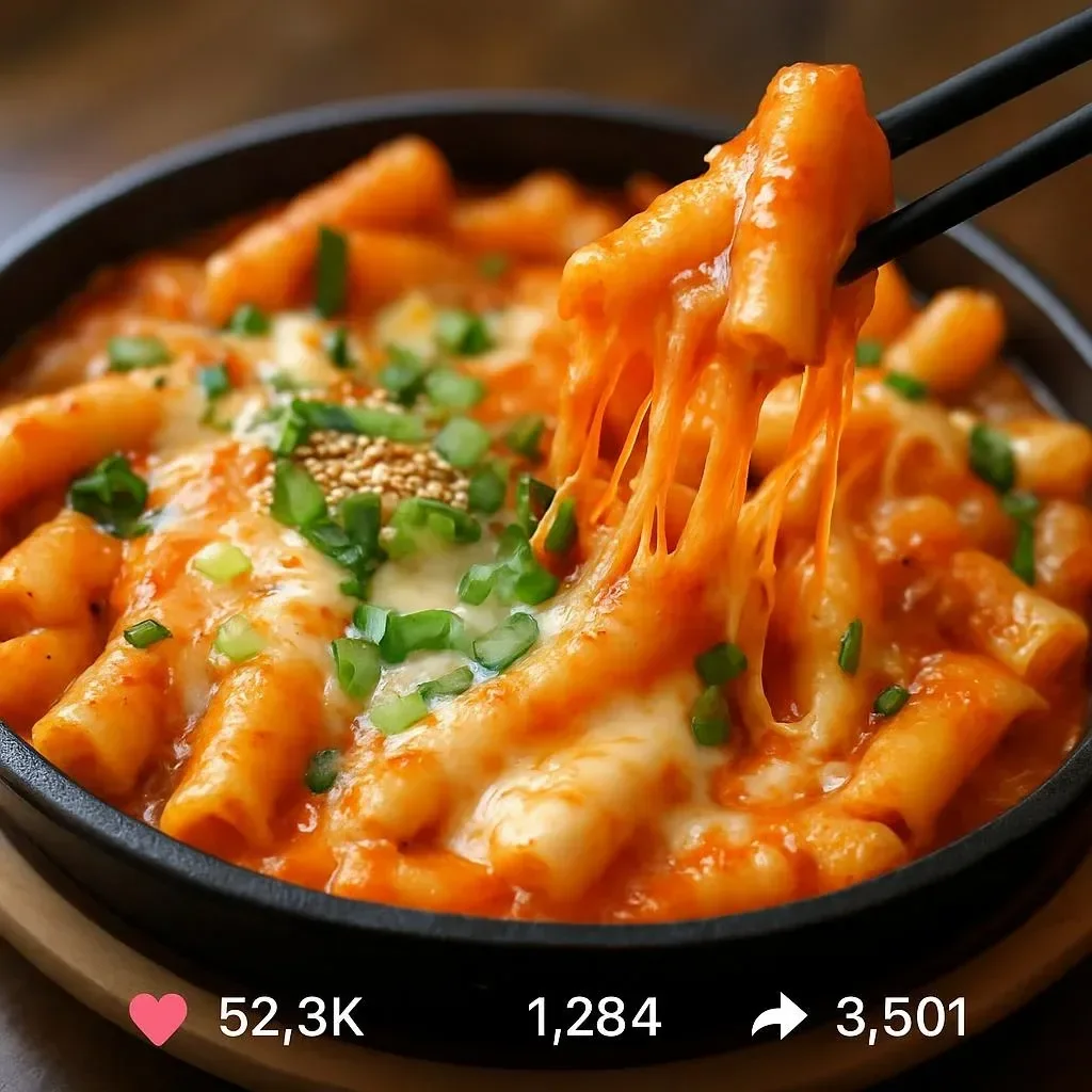 Cheesy tteokbokki featuring savory rice cakes topped with melted cheese