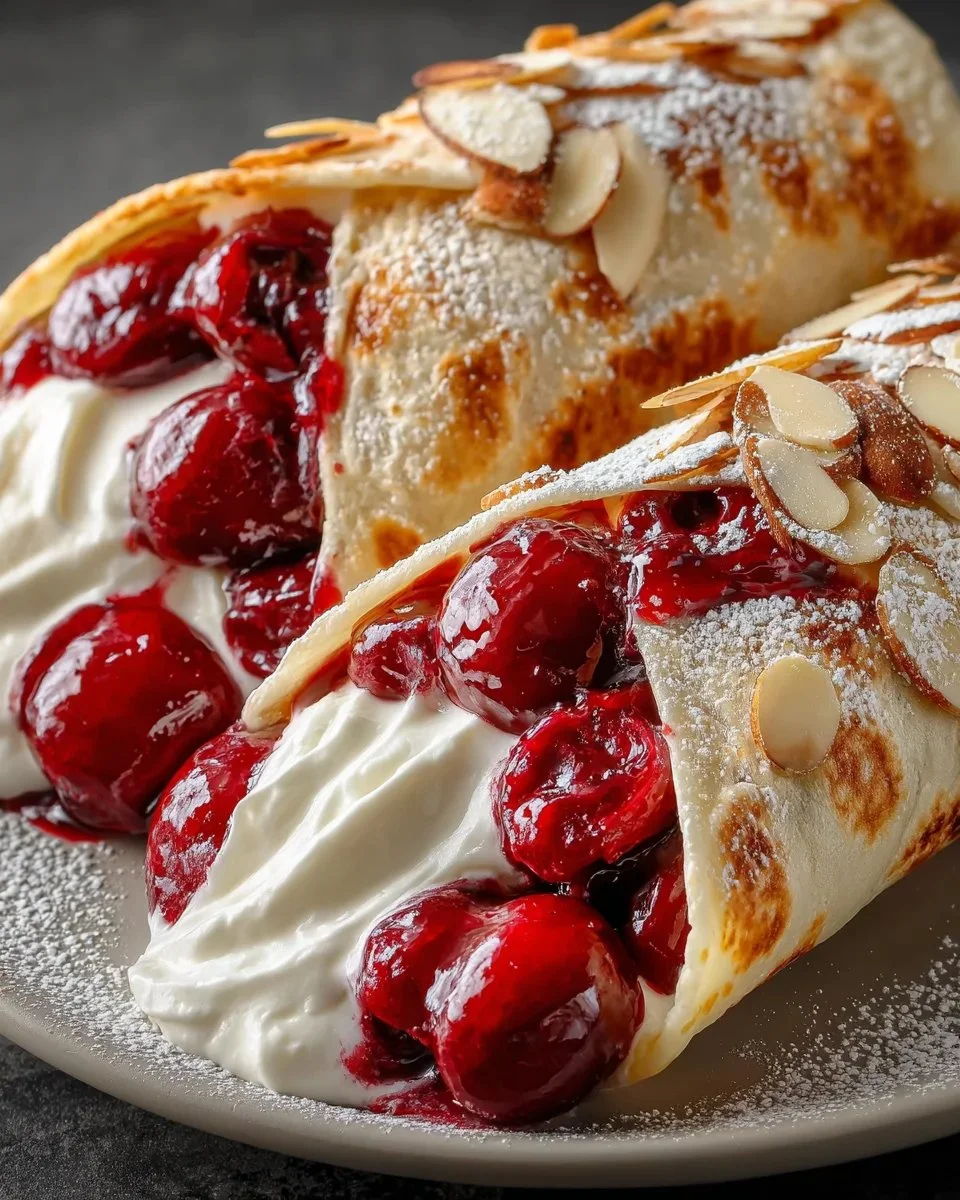 Cherry pie filling breakfast wraps with fresh cherries and a flaky pastry.