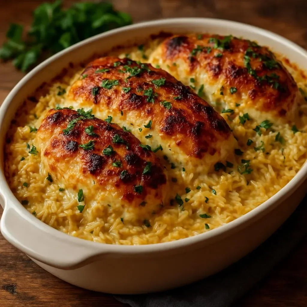 Delicious Chicken Rice Casserole topped with golden cheese and fresh herbs
