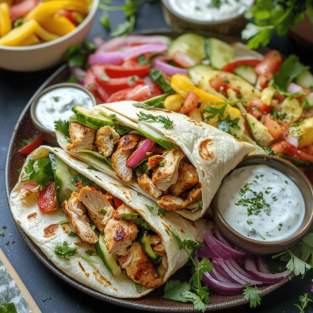 Chicken Shawarma wraps served with garlic yogurt sauce on a plate.