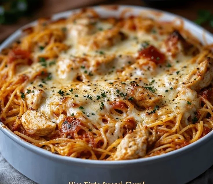 Creamy Chicken Spaghetti Casserole topped with cheese in a baking dish