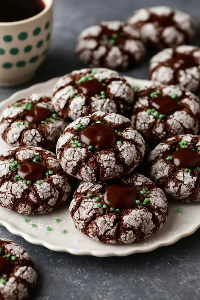 Freshly baked Chocolate Mint Crinkle Cookies with a dusting of powdered sugar