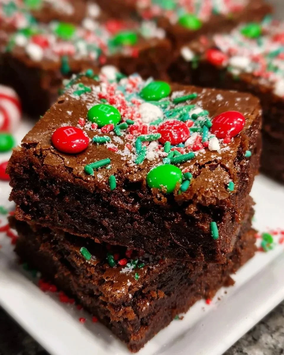 Deliciously festive Christmas brownies topped with icing and holiday sprinkles.