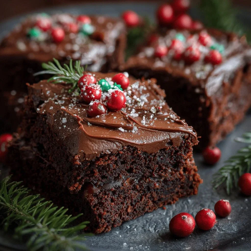 Delicious Christmas brownies topped with rich chocolate frosting on a festive plate.