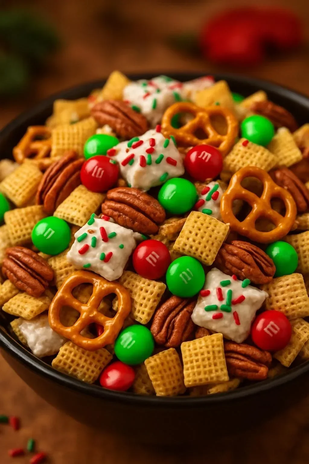 Delicious homemade Christmas Chex Mix served in a festive bowl.