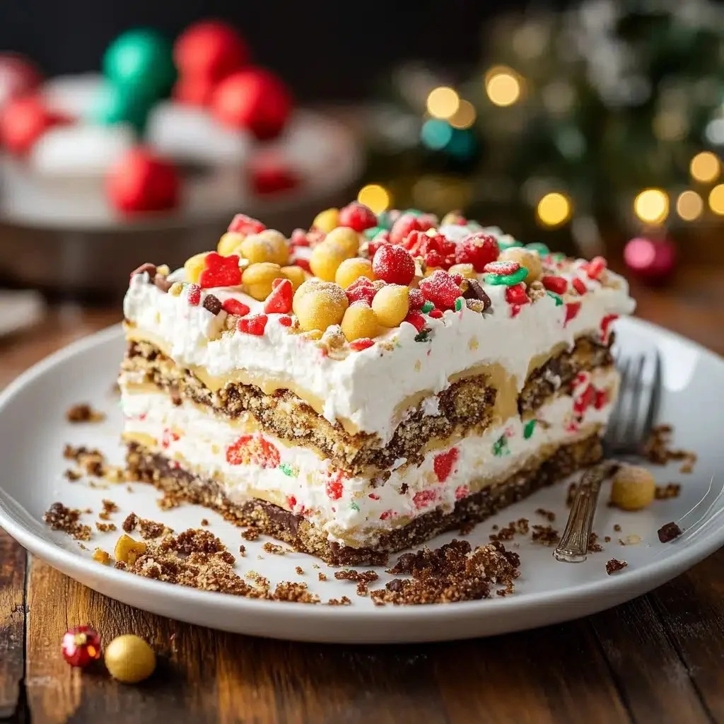 Delicious no-bake Christmas cookie lasagna dessert, perfect for holiday celebrations.