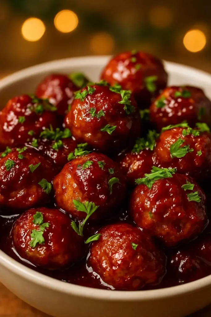 Plate of Christmas Cranberry Meatballs garnished with herbs