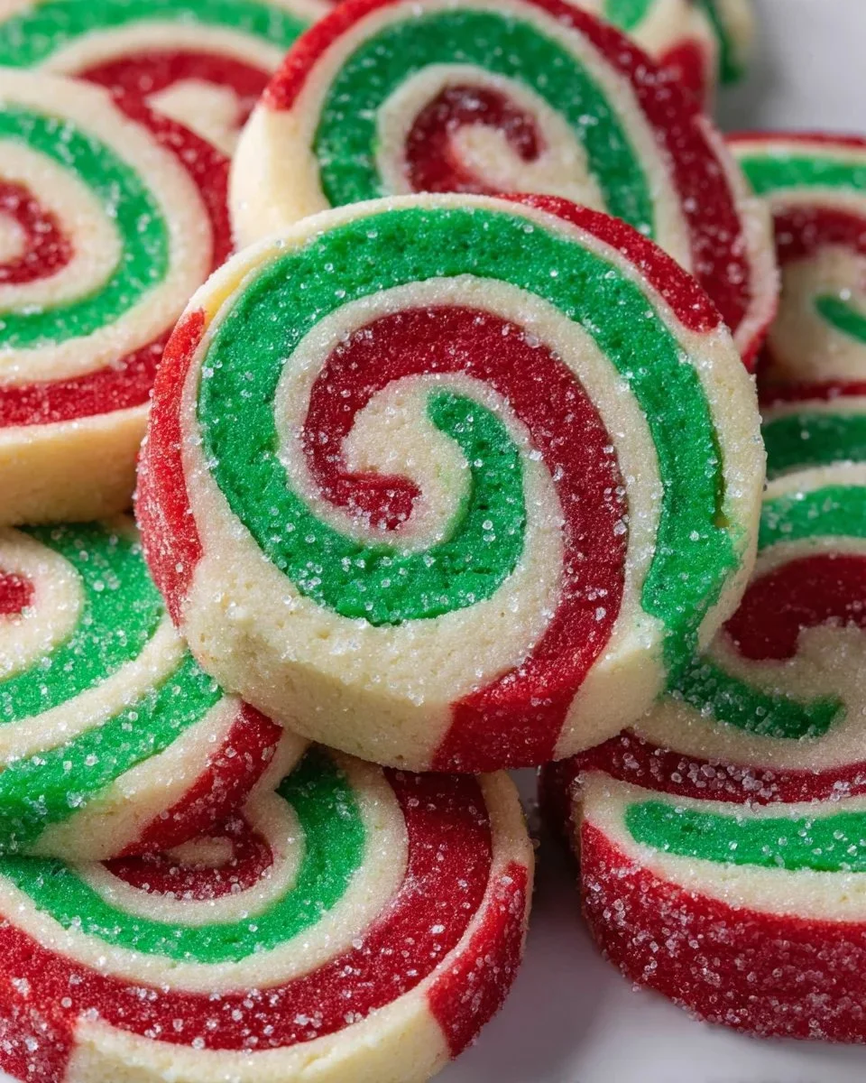 Christmas Swirl Pinwheel Cookies on a festive plate