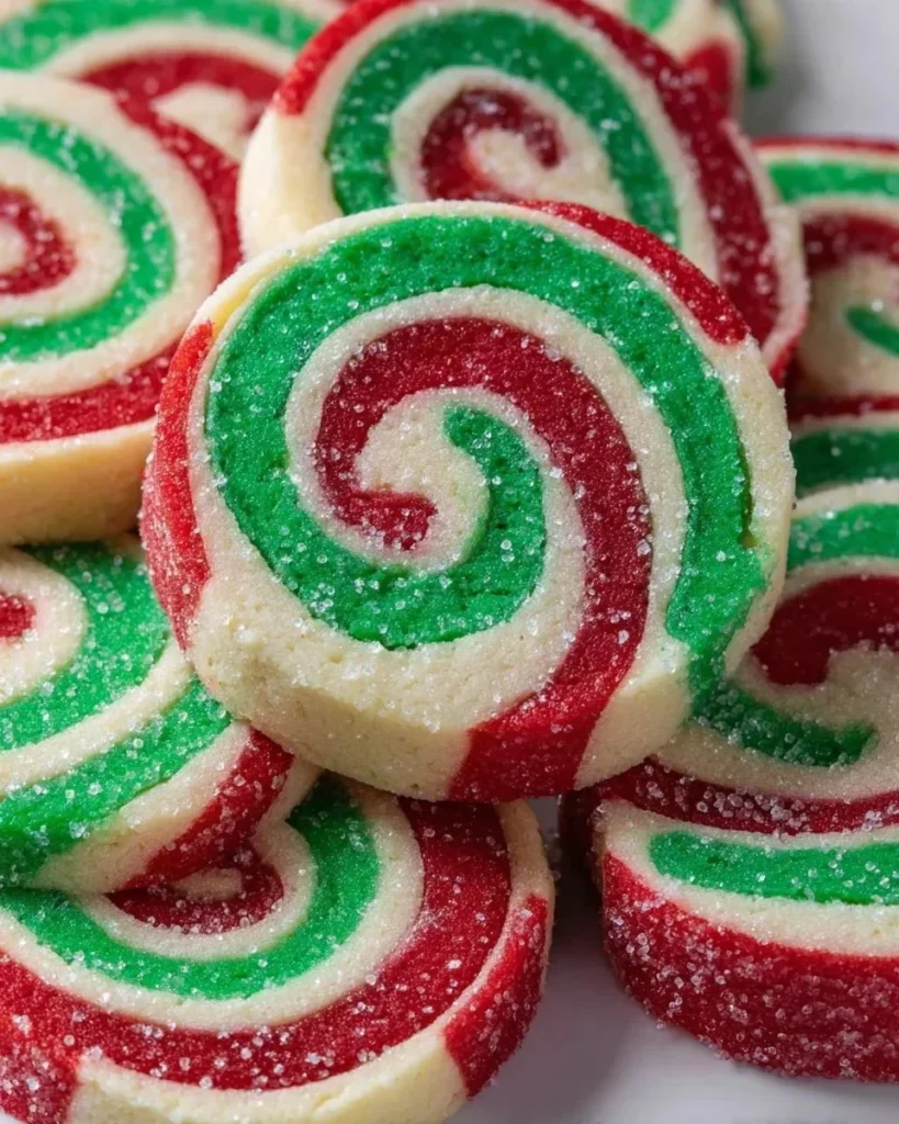 Colorful Christmas Swirl Pinwheel Cookies on a festive plate