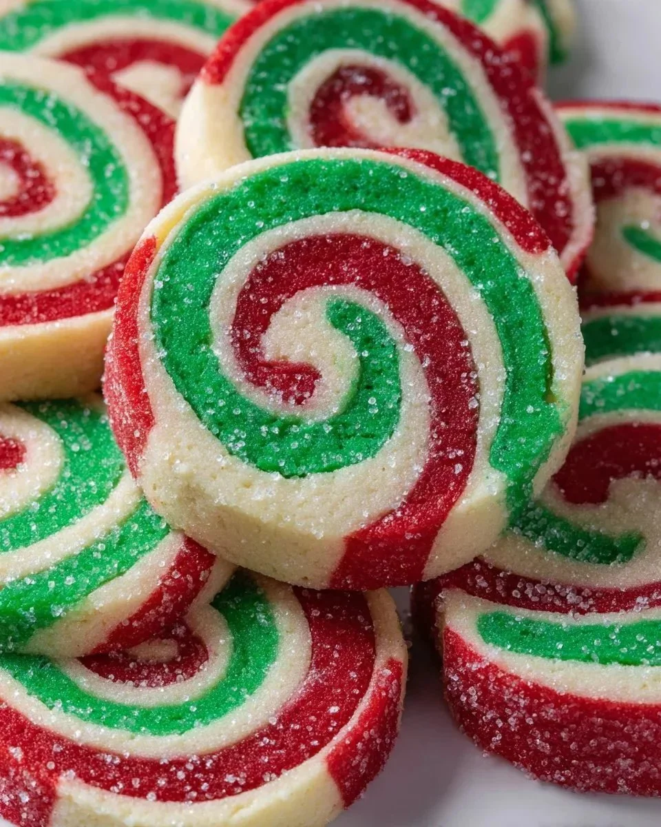 Colorful Christmas Swirl Pinwheel Cookies on a festive plate