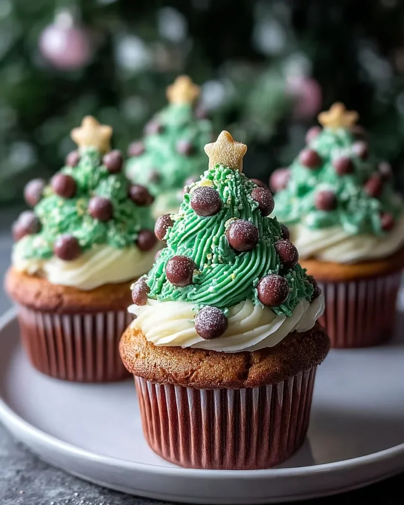 Decorative Christmas Tree Cupcake topped with green frosting and sprinkles