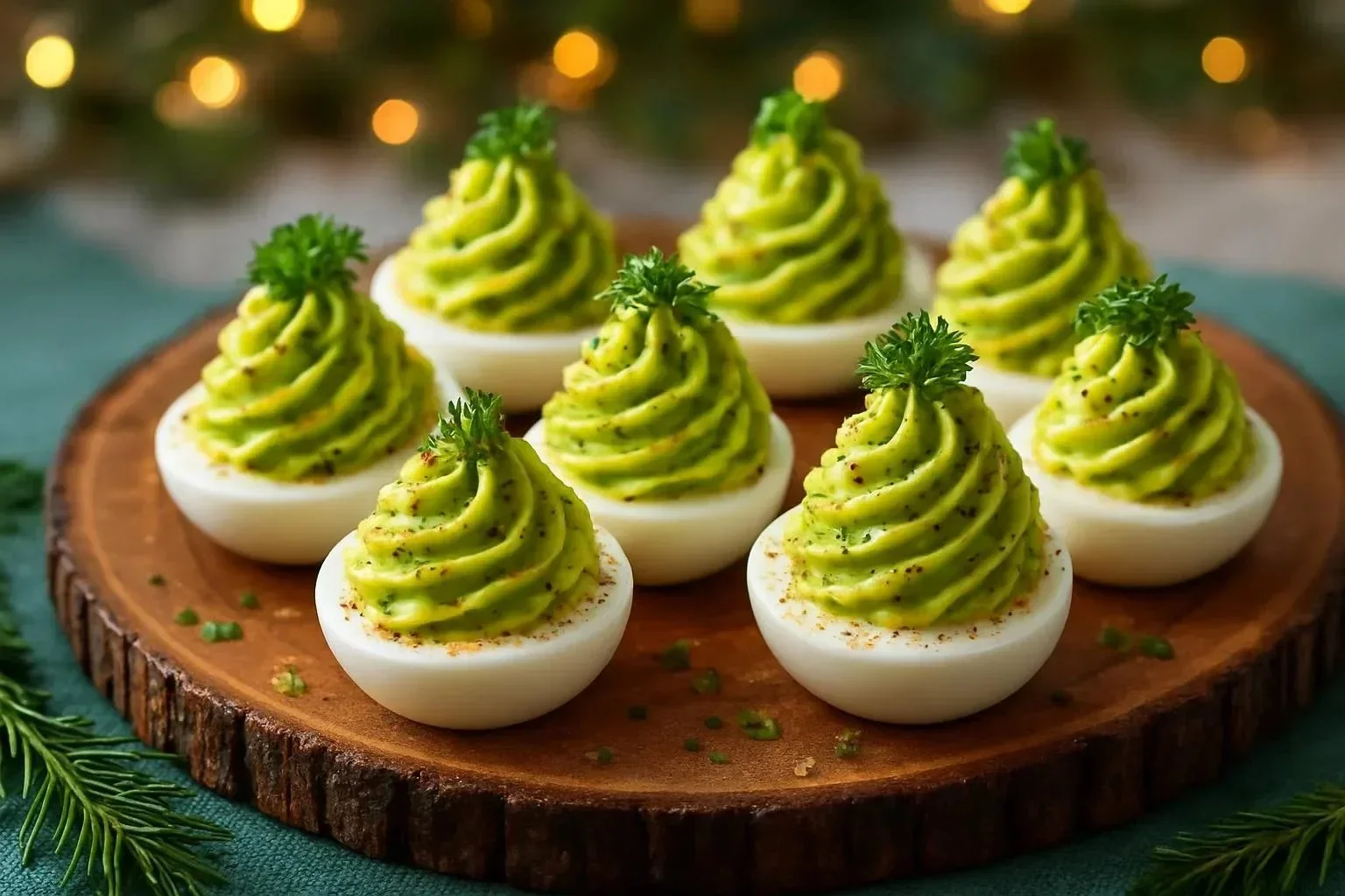 Christmas Tree Deviled Eggs with Avocado Filling displayed on a festive plate.