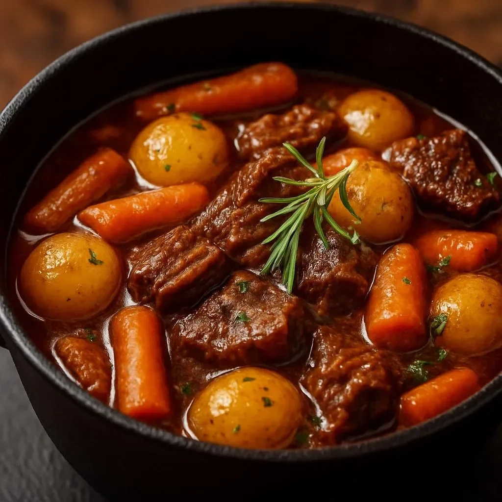 Delicious classic beef stew with carrots and potatoes in a bowl