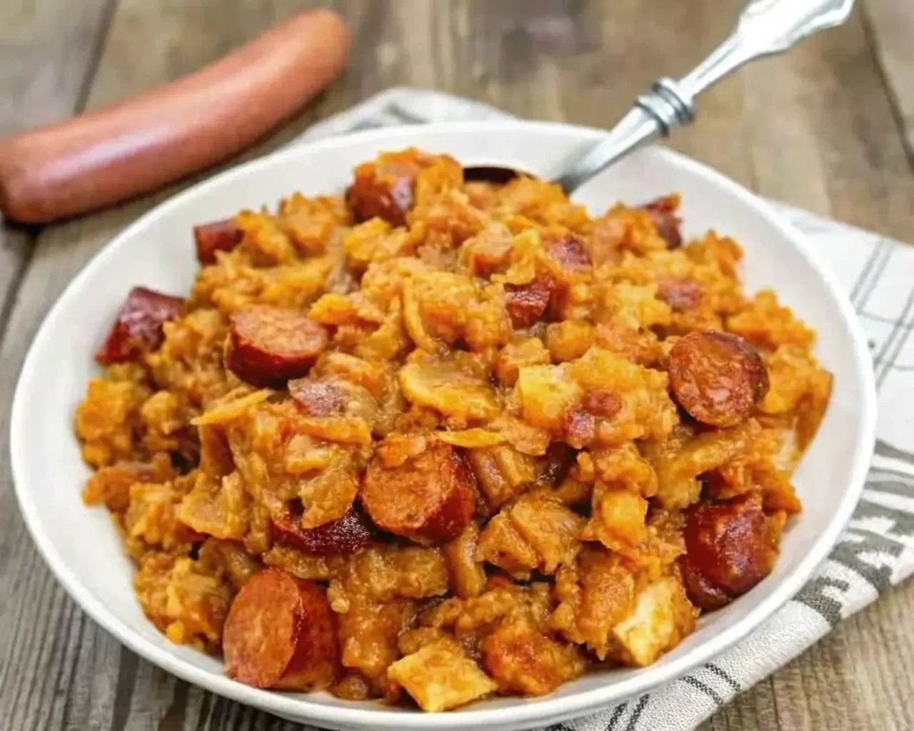 A hearty bowl of Classic Bigos, showcasing sauerkraut and various meats.