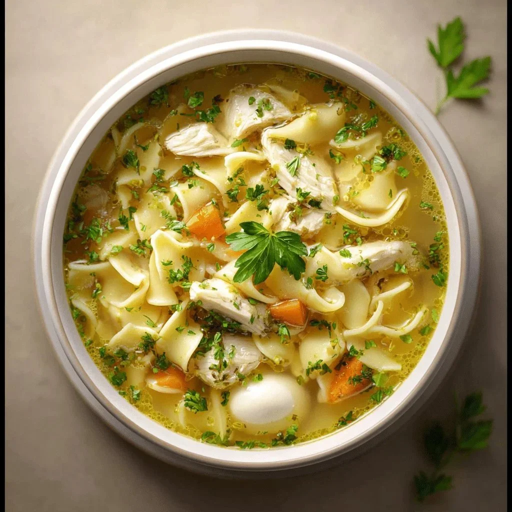 Bowl of classic chicken noodle soup with egg noodles and vegetables