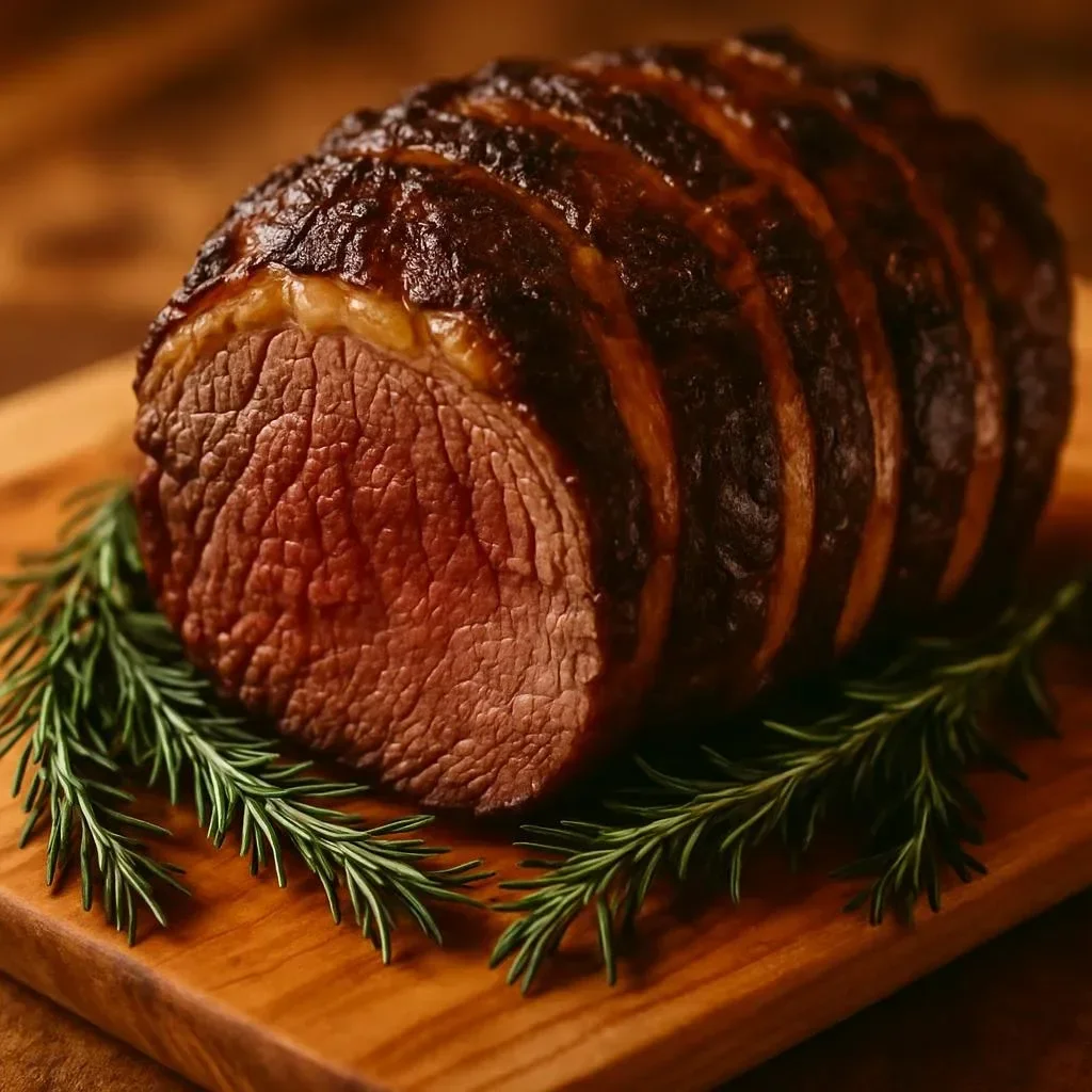 Perfectly cooked Christmas Prime Rib roast garnished for holiday dinner