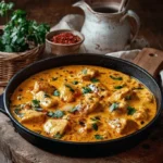 Creamy Coconut Chicken Curry served with rice and fresh herbs