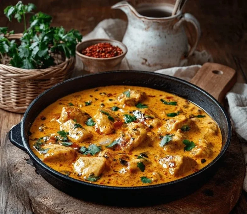 Creamy Coconut Chicken Curry served with rice and fresh herbs