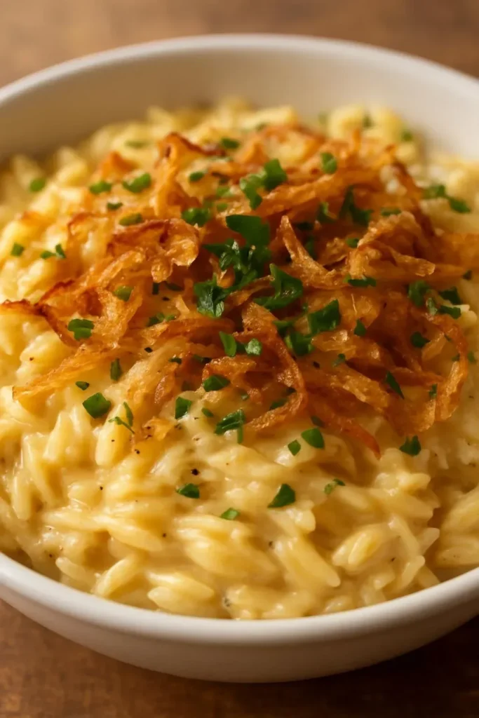 French Onion Chicken Orzo Casserole topped with melted cheese