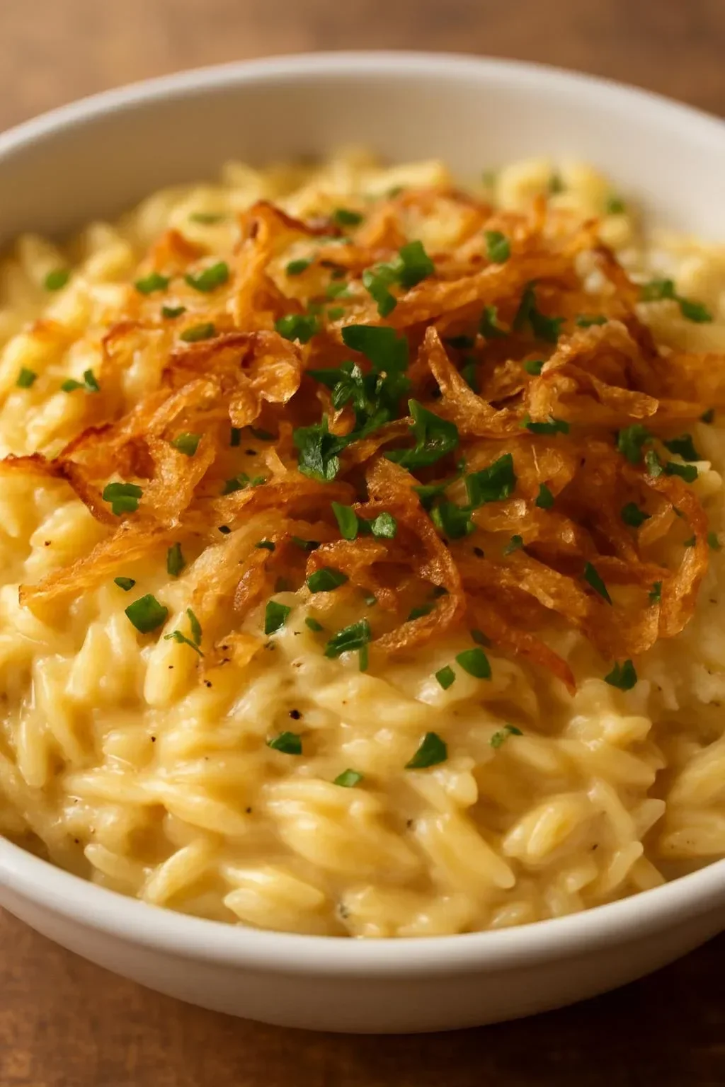 French Onion Chicken Orzo Casserole topped with melted cheese