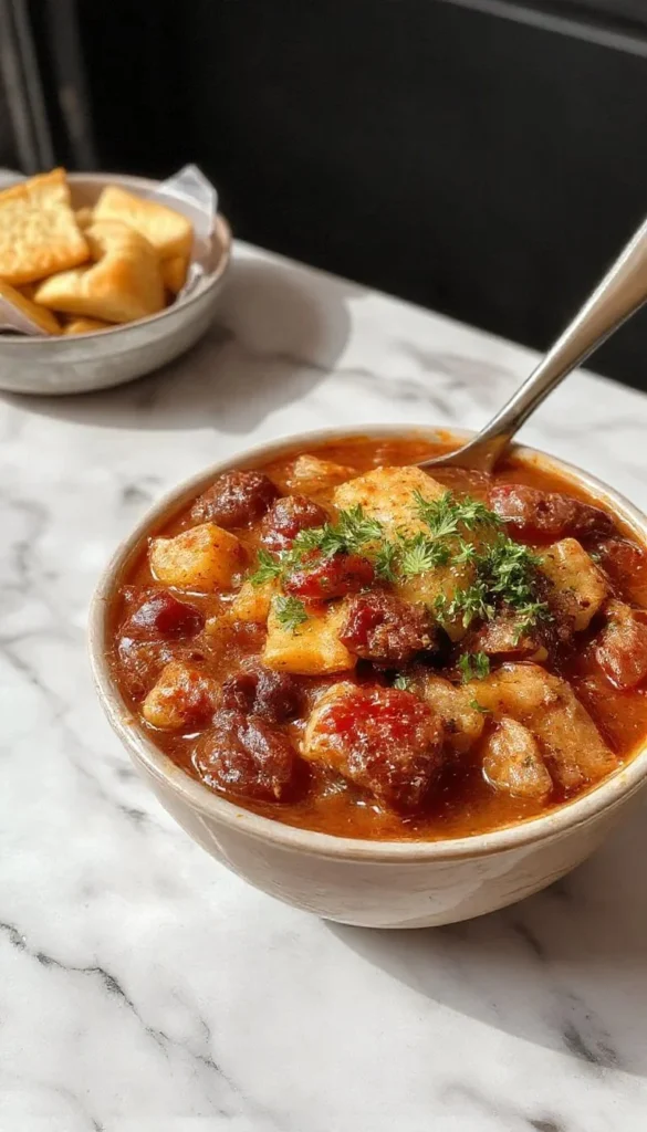 Bowl of delicious Cowboy Stew loaded with meat and vegetables