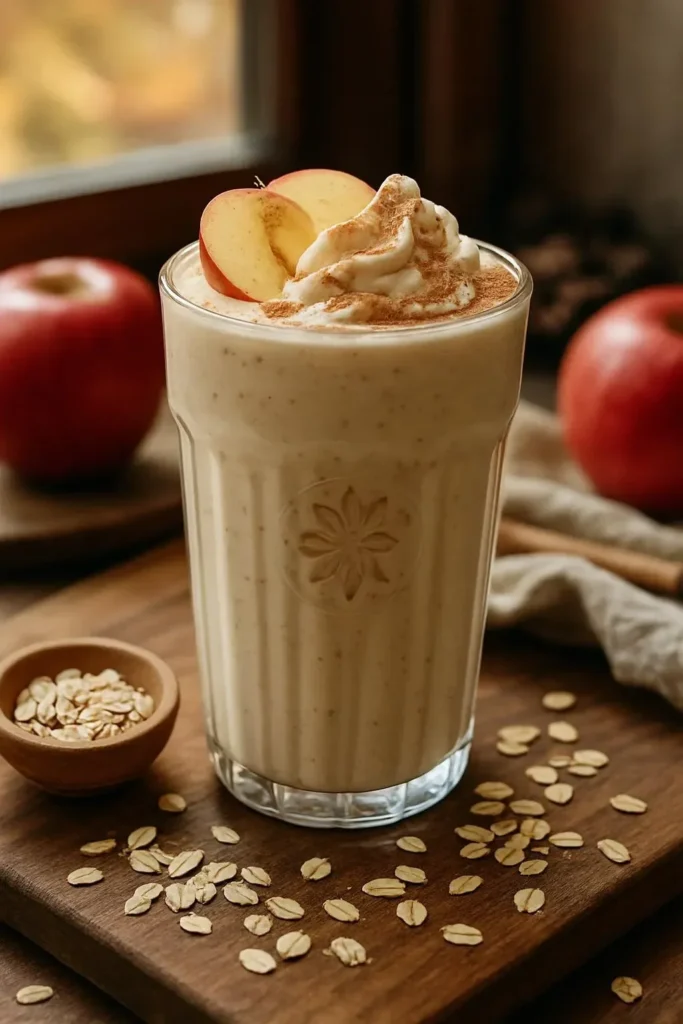 Creamy apple pie smoothie garnished with cinnamon and apples