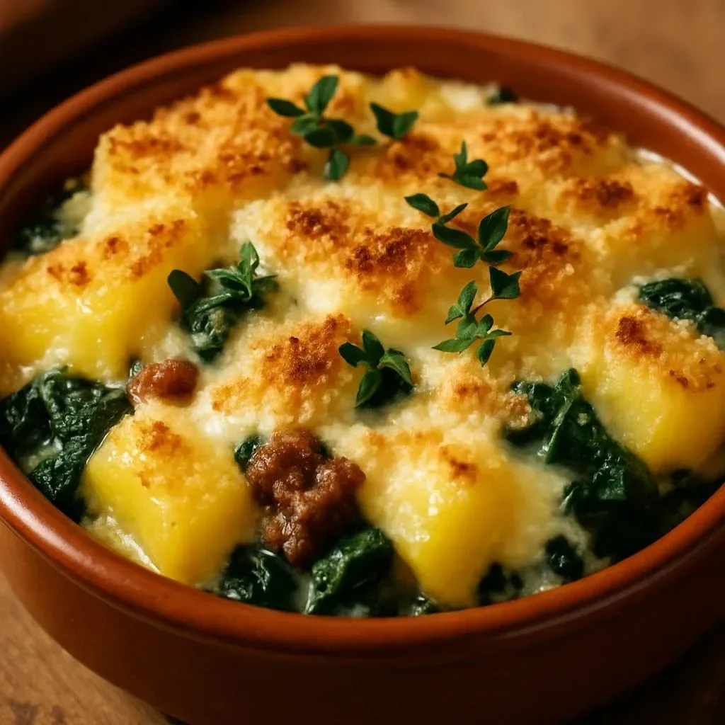 Cheesy beef potato spinach casserole in a baking dish, fresh out of the oven.