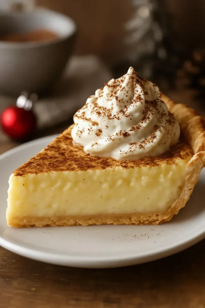 Slice of Cinnamon-Vanilla Custard Pie served on a festive plate