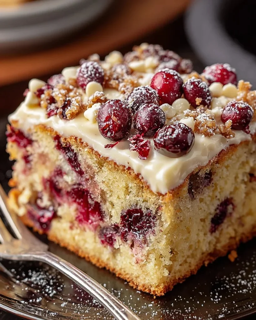 Homemade Cranberry Bliss Coffee Cake topped with icing and fresh cranberries.