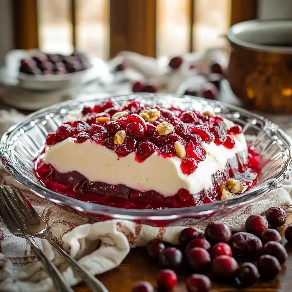 Cranberry Jello Salad with Cream Cheese Topping for festive occasions