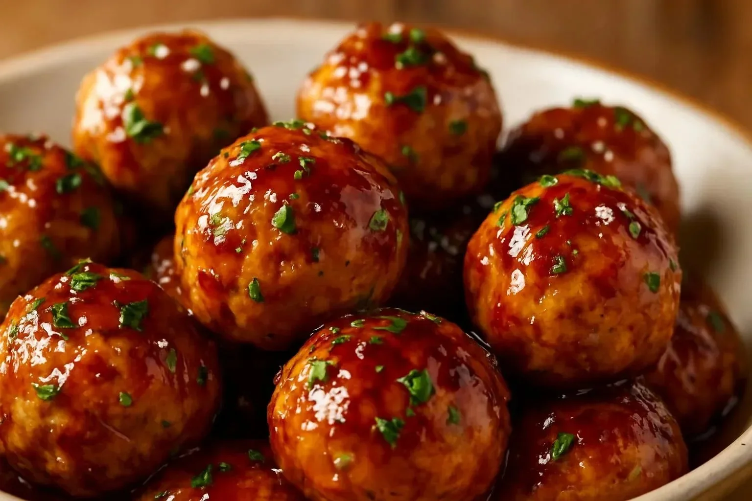 Plate of cranberry orange chicken meatballs garnished with fresh herbs