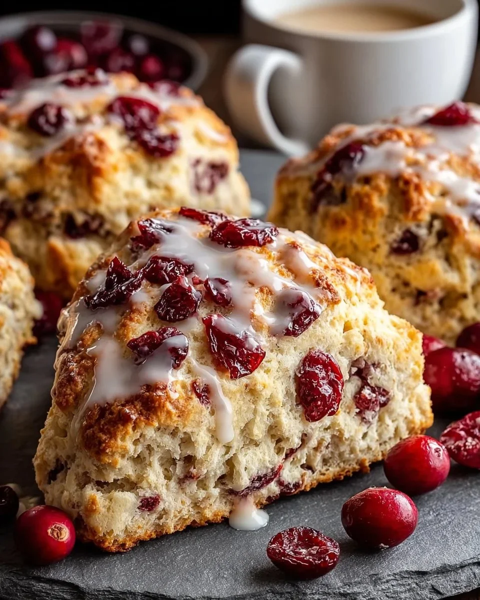 Freshly baked Cranberry Orange Maple Scones with a golden crust and glaze