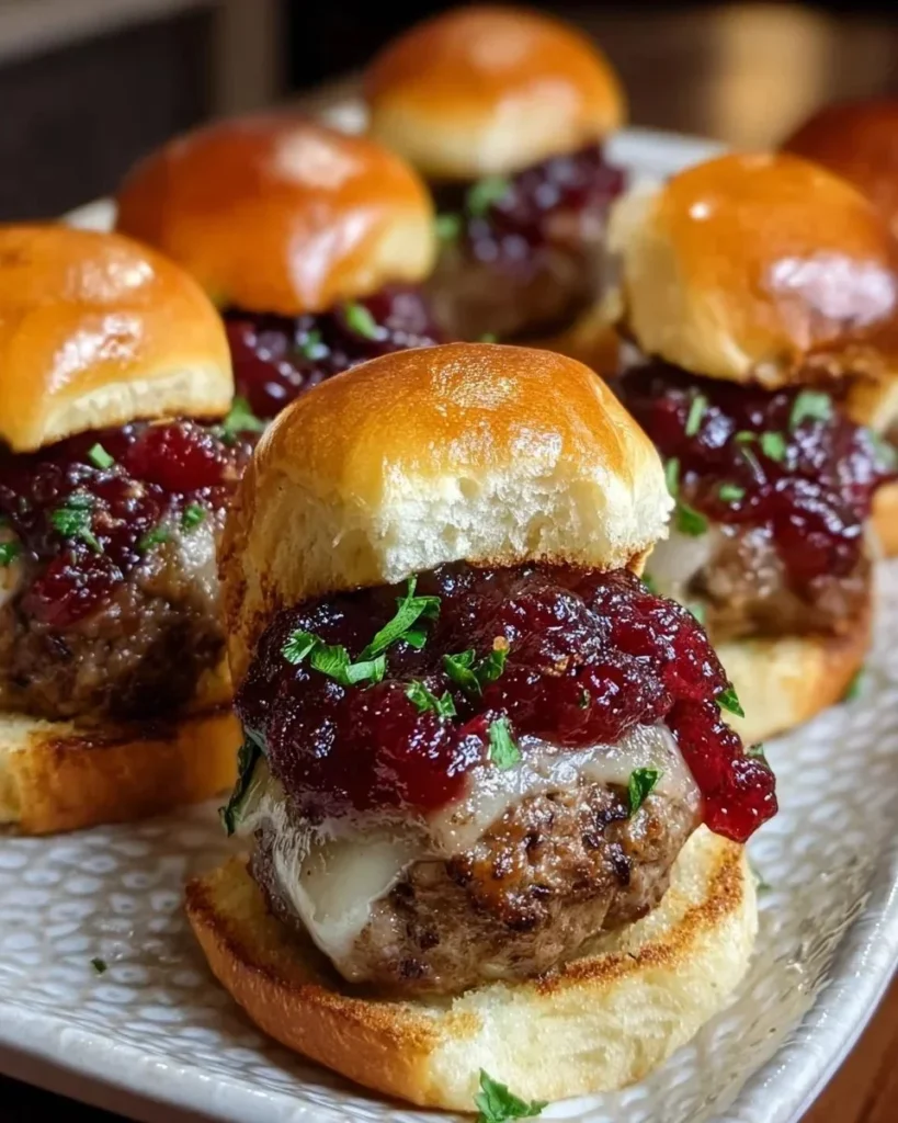 Cranberry sauce meatball sliders stacked on a plate, garnished with herbs.