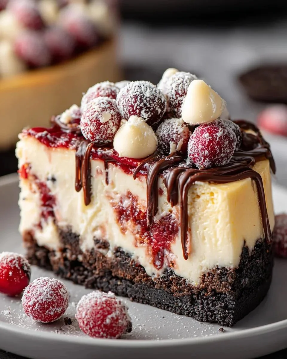 A slice of rich Cranberry White Chocolate Cheesecake topped with cranberries.