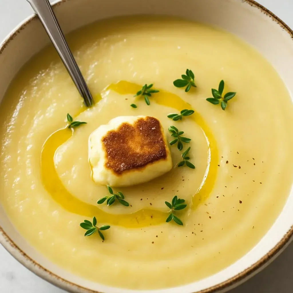 Bowl of creamy cauliflower soup garnished with herbs and spices.