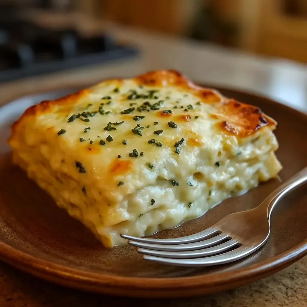 Delicious creamy Alfredo Chicken Lasagna layered with rich cheese